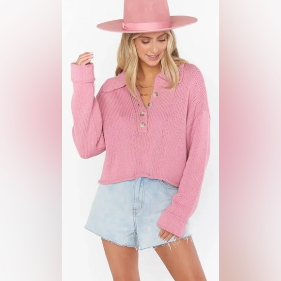 Show Me Your Mumu Crawford Collared cropped Pink Knit Sweater Size M - Picture 13 of 13